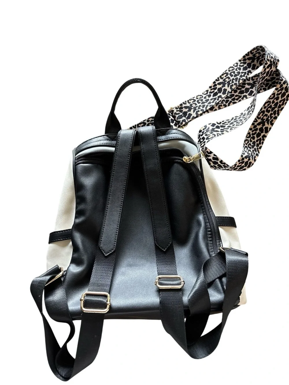 Tri-Tone Navy, White & Gray Leather Backpack with Leopard Strap